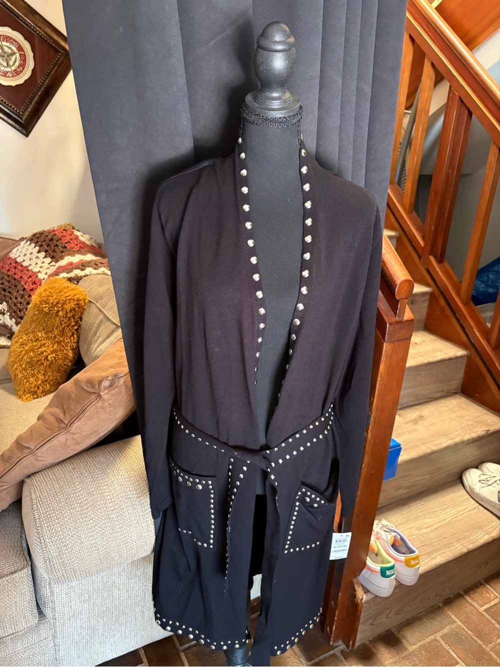 Black Studded Open Cardigan with Belt